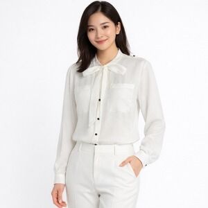 LOFT Ivory‎ Tie Neck Button Front Blouse Long Sleeve Utility Shirt S Sheer 55-42